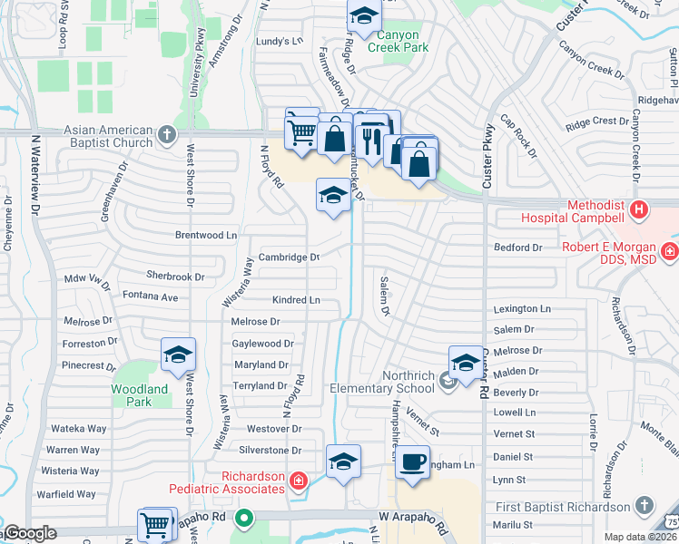 map of restaurants, bars, coffee shops, grocery stores, and more near 639 Cambridge Drive in Richardson