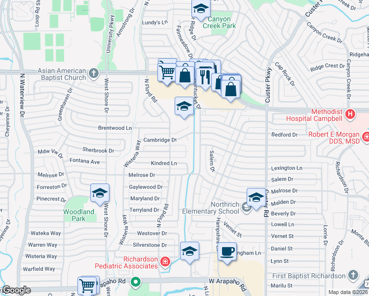map of restaurants, bars, coffee shops, grocery stores, and more near 639 Cambridge Circle in Richardson