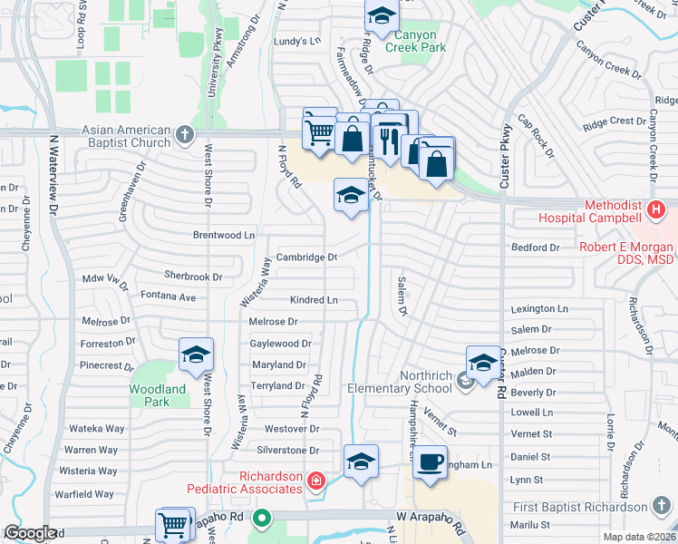 map of restaurants, bars, coffee shops, grocery stores, and more near 653 Cambridge Drive in Richardson