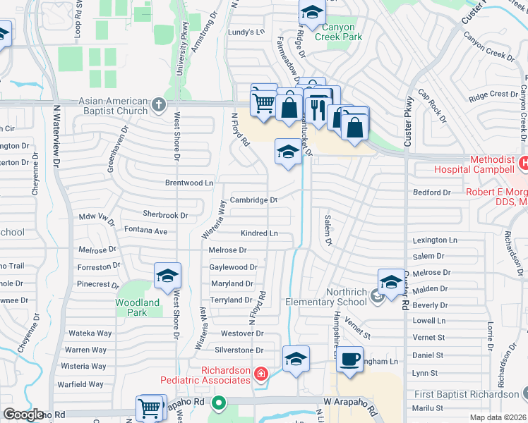 map of restaurants, bars, coffee shops, grocery stores, and more near 653 Cambridge Drive in Richardson