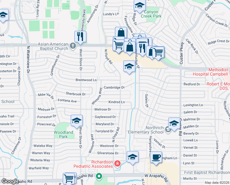 map of restaurants, bars, coffee shops, grocery stores, and more near 711 Cambridge Drive in Richardson