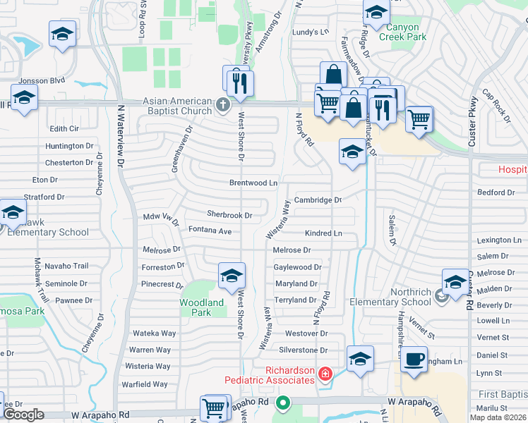 map of restaurants, bars, coffee shops, grocery stores, and more near 739 Greenhaven Drive in Richardson