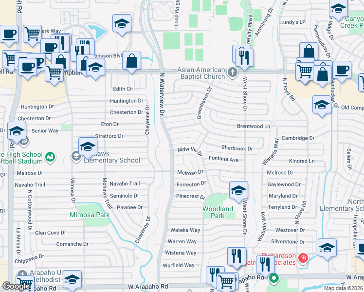 map of restaurants, bars, coffee shops, grocery stores, and more near 909 Waterview Circle in Richardson