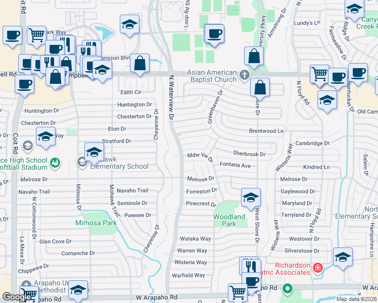 map of restaurants, bars, coffee shops, grocery stores, and more near 923 Waterview Circle in Richardson