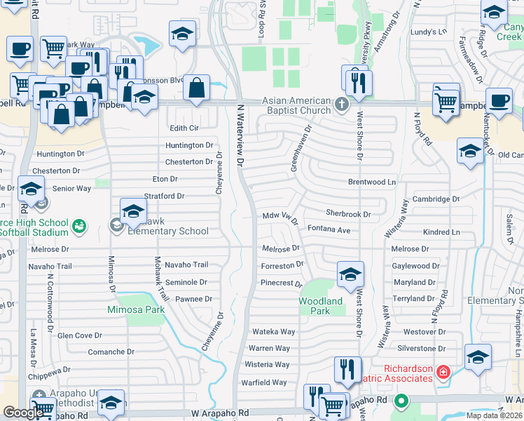 map of restaurants, bars, coffee shops, grocery stores, and more near 923 Waterview Circle in Richardson