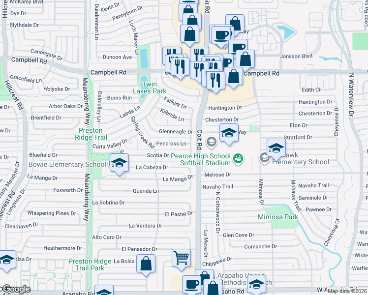 map of restaurants, bars, coffee shops, grocery stores, and more near 7825 Pencross Ln in Dallas