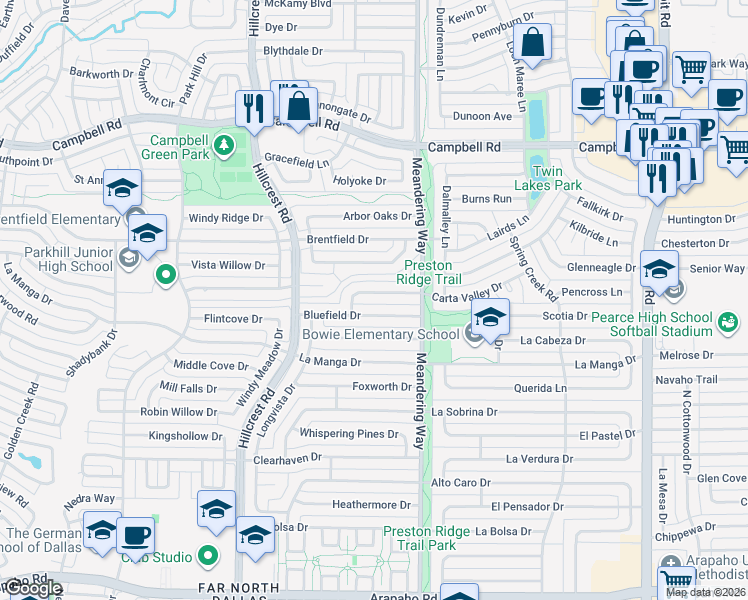 map of restaurants, bars, coffee shops, grocery stores, and more near 7404 Carta Valley Drive in Dallas