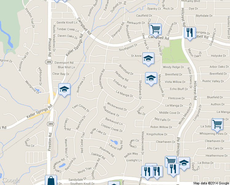 map of restaurants, bars, coffee shops, grocery stores, and more near 6435 La Manga Drive in Dallas