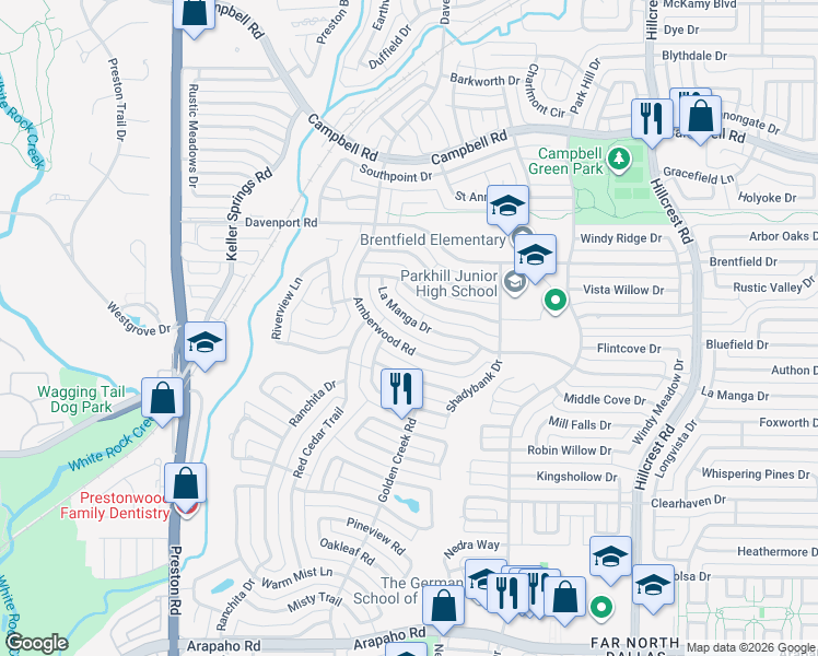 map of restaurants, bars, coffee shops, grocery stores, and more near 6435 La Manga Drive in Dallas
