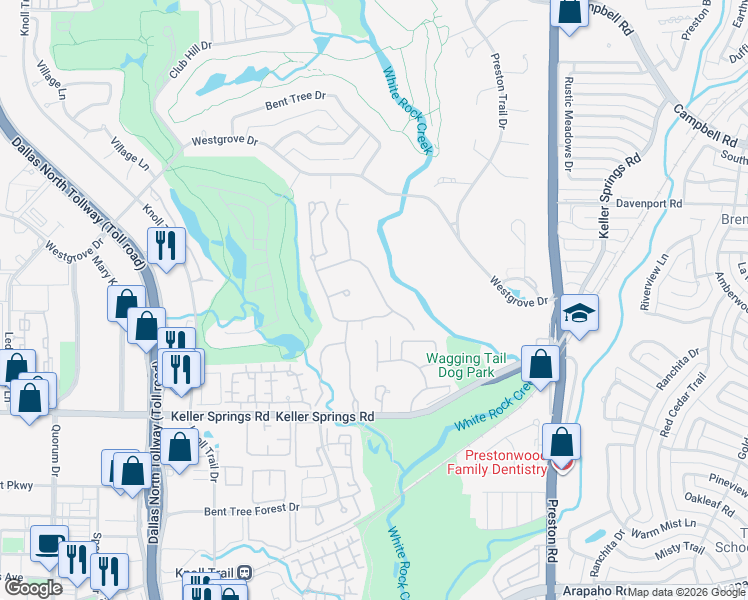 map of restaurants, bars, coffee shops, grocery stores, and more near 42 Braewood Place in Dallas