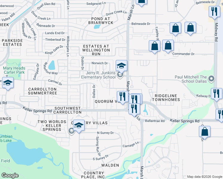 map of restaurants, bars, coffee shops, grocery stores, and more near 2300 Norwich Drive in Carrollton