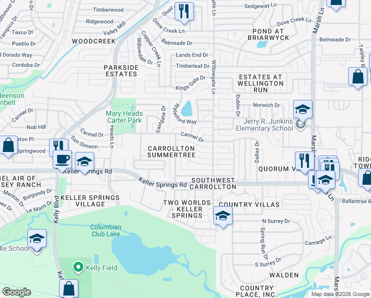 map of restaurants, bars, coffee shops, grocery stores, and more near 2605 Winterlake Drive in Carrollton