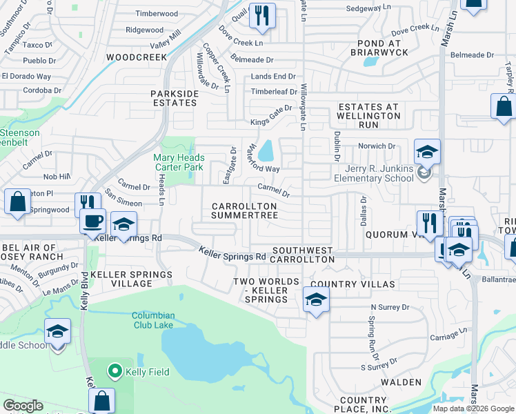 map of restaurants, bars, coffee shops, grocery stores, and more near 2605 Winterlake Drive in Carrollton