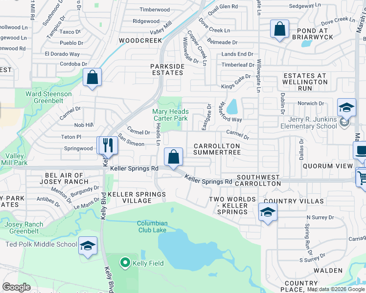 map of restaurants, bars, coffee shops, grocery stores, and more near 2300 Carmel Drive in Carrollton