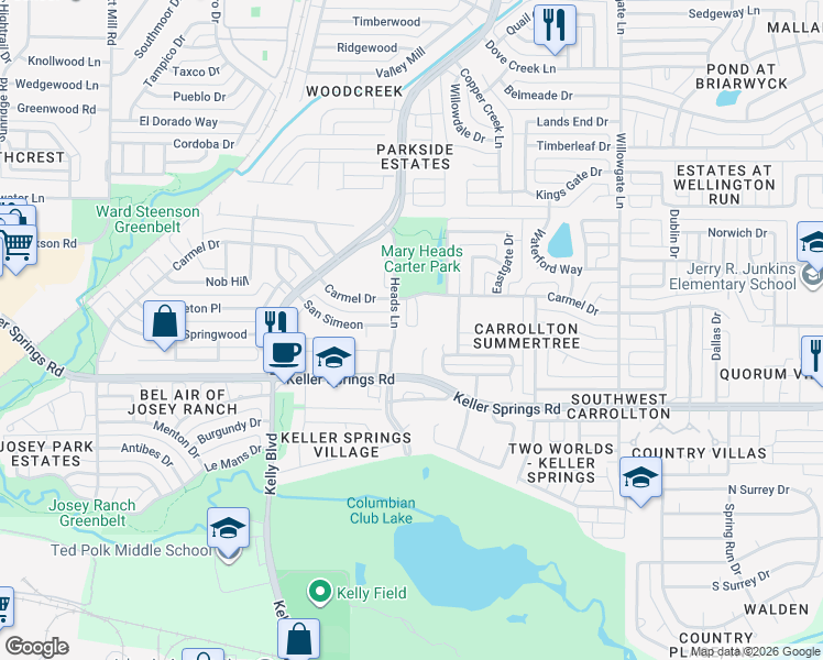 map of restaurants, bars, coffee shops, grocery stores, and more near 2222 Heads Lane in Carrollton