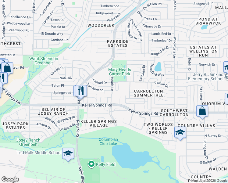 map of restaurants, bars, coffee shops, grocery stores, and more near 2222 Heads Lane in Carrollton