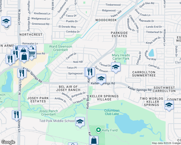 map of restaurants, bars, coffee shops, grocery stores, and more near 2206 San Simeon Place in Carrollton