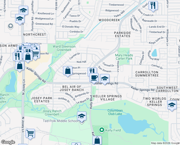 map of restaurants, bars, coffee shops, grocery stores, and more near 2206 San Simeon Place in Carrollton
