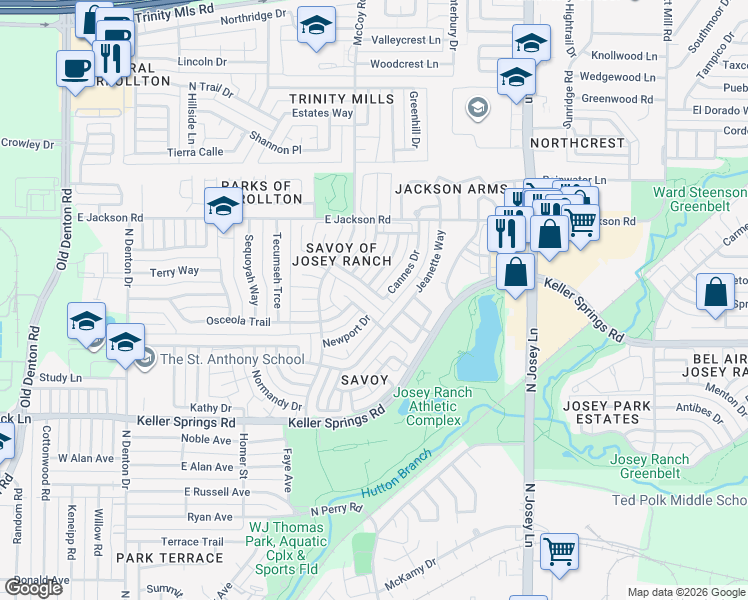 map of restaurants, bars, coffee shops, grocery stores, and more near 1320 Cannes Drive in Carrollton