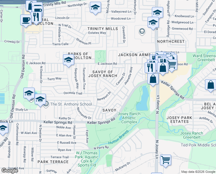 map of restaurants, bars, coffee shops, grocery stores, and more near 1320 Cannes Drive in Carrollton