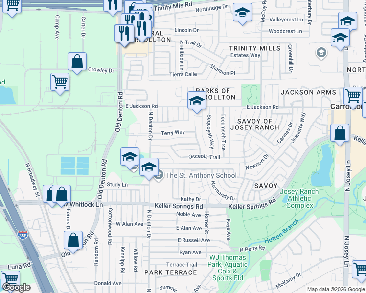 map of restaurants, bars, coffee shops, grocery stores, and more near 1027 Geronimo Arrow in Carrollton