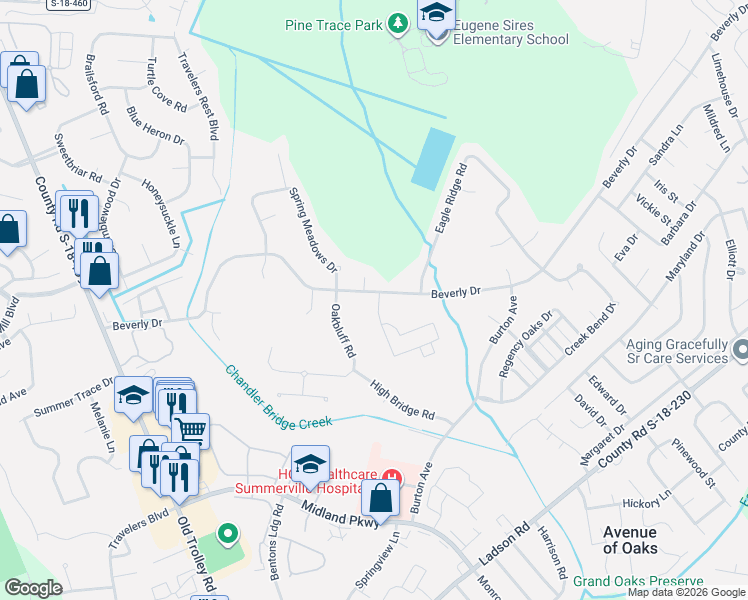 map of restaurants, bars, coffee shops, grocery stores, and more near 550 Beverly Drive in Summerville