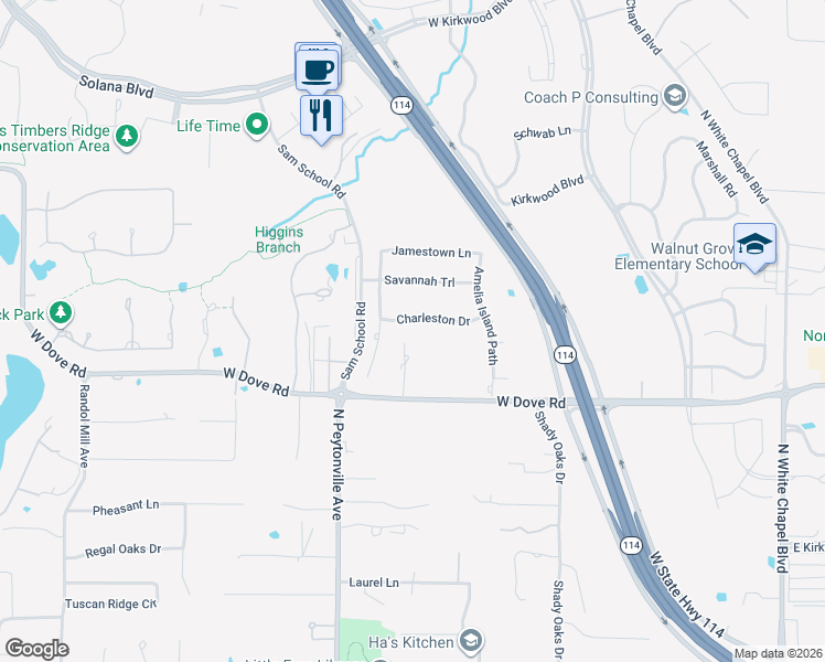 map of restaurants, bars, coffee shops, grocery stores, and more near 905 Charleston Drive in Southlake