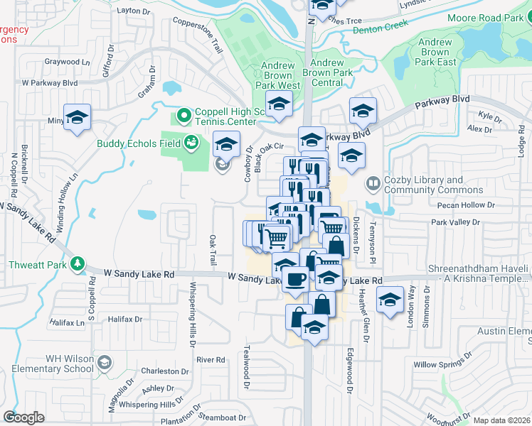 map of restaurants, bars, coffee shops, grocery stores, and more near 129 Town Center Boulevard in Coppell