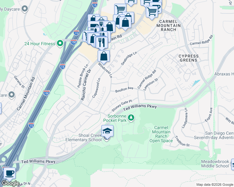 map of restaurants, bars, coffee shops, grocery stores, and more near 11612 Boulton Avenue in San Diego