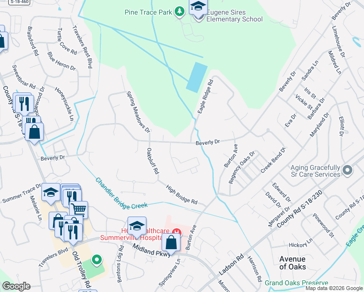 map of restaurants, bars, coffee shops, grocery stores, and more near 536 Beverly Drive in Summerville