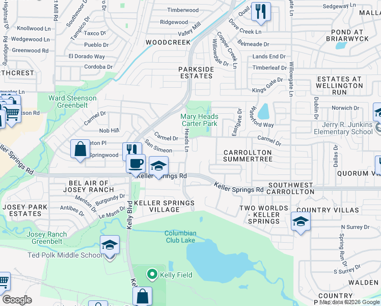 map of restaurants, bars, coffee shops, grocery stores, and more near 2222 Heads Lane in Carrollton