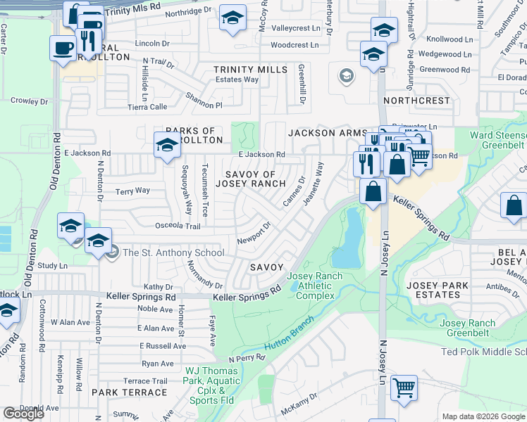 map of restaurants, bars, coffee shops, grocery stores, and more near 1320 Cannes Drive in Carrollton