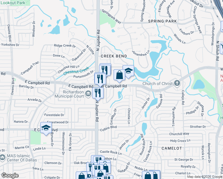 map of restaurants, bars, coffee shops, grocery stores, and more near 6310 Hidden Springs Lane in Garland