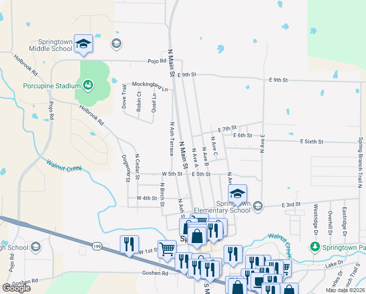map of restaurants, bars, coffee shops, grocery stores, and more near 600 North Main Street in Springtown