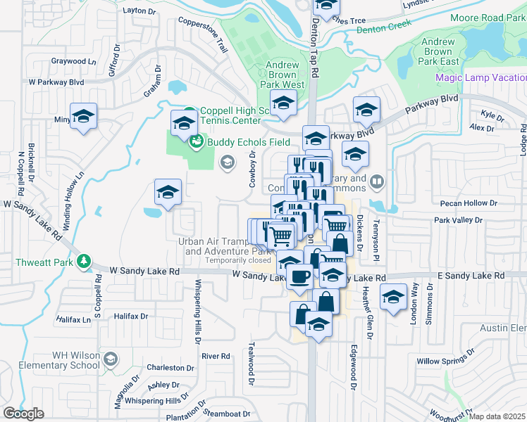 map of restaurants, bars, coffee shops, grocery stores, and more near 129 Town Center Boulevard in Coppell