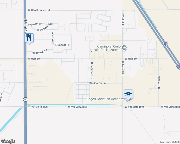 map of restaurants, bars, coffee shops, grocery stores, and more near 10244 North Cavalla Road in Casa Grande