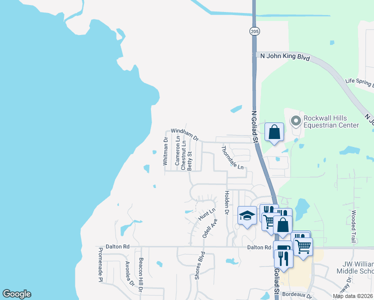 map of restaurants, bars, coffee shops, grocery stores, and more near 3917 Betty Street in Rockwall