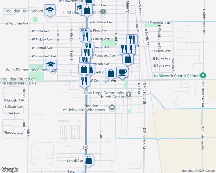 map of restaurants, bars, coffee shops, grocery stores, and more near 337 West Coolidge Avenue in Coolidge