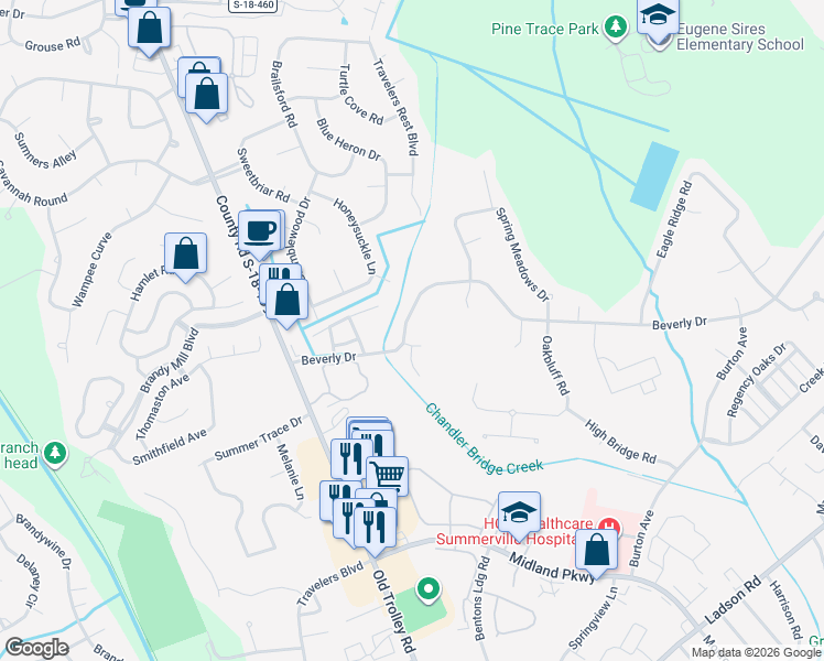 map of restaurants, bars, coffee shops, grocery stores, and more near 103 Heritage Lake Drive in Summerville