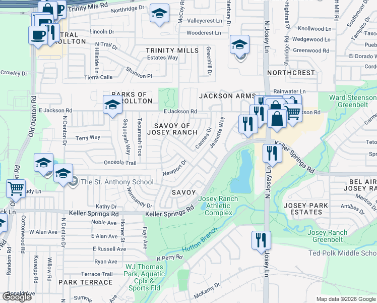 map of restaurants, bars, coffee shops, grocery stores, and more near 1320 Cannes Drive in Carrollton