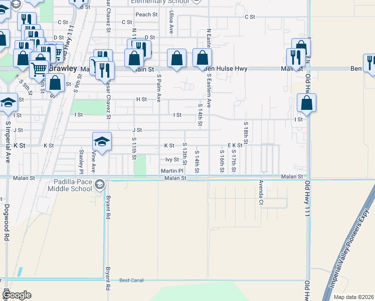 map of restaurants, bars, coffee shops, grocery stores, and more near 1324 K Street in Brawley