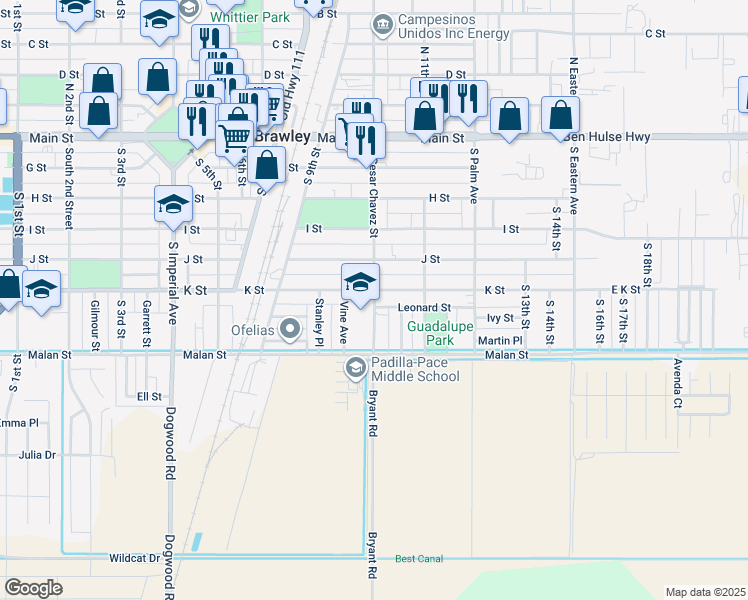 map of restaurants, bars, coffee shops, grocery stores, and more near 615 South Cesar Chavez Street in Brawley
