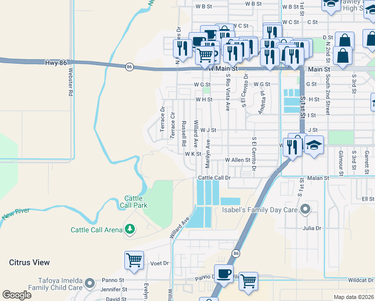 map of restaurants, bars, coffee shops, grocery stores, and more near 577 Willard Avenue in Brawley