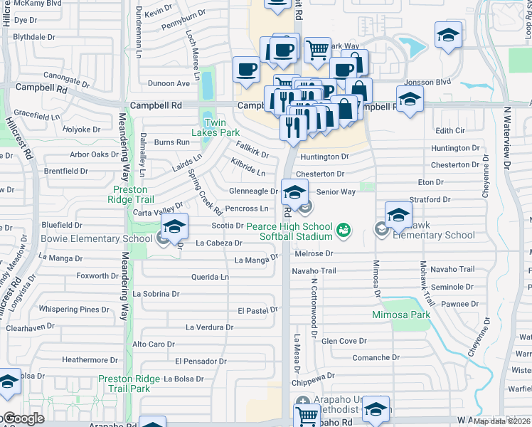 map of restaurants, bars, coffee shops, grocery stores, and more near 16110 Fallkirk Drive in Dallas