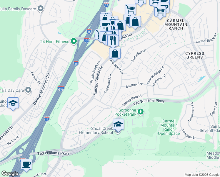 map of restaurants, bars, coffee shops, grocery stores, and more near 14045 Capewood Lane in San Diego