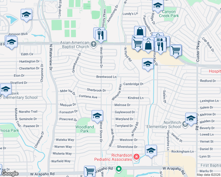 map of restaurants, bars, coffee shops, grocery stores, and more near 739 Greenhaven Drive in Richardson