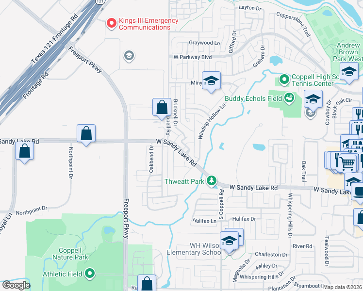 map of restaurants, bars, coffee shops, grocery stores, and more near 132 Bricknell Lane in Coppell