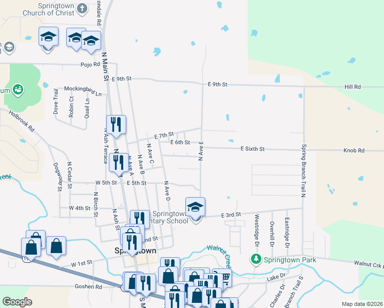 map of restaurants, bars, coffee shops, grocery stores, and more near 521 North Avenue East in Springtown