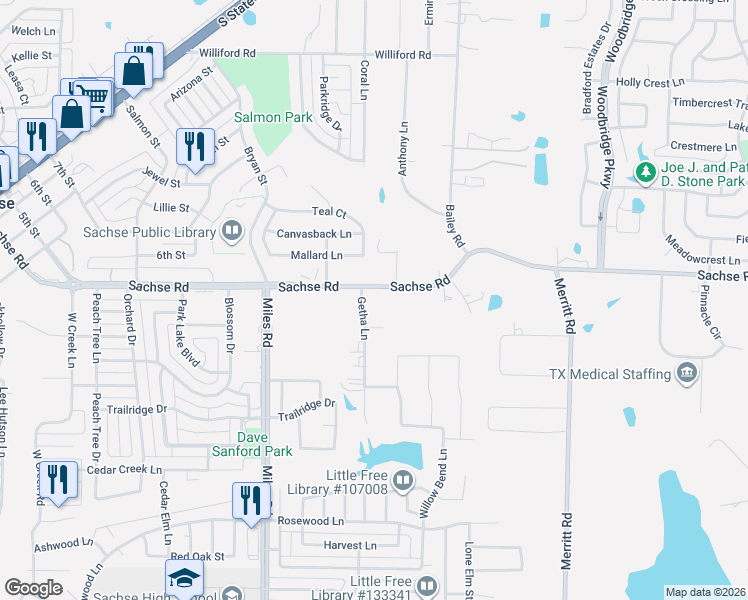 map of restaurants, bars, coffee shops, grocery stores, and more near 4710 Sachse Road in Sachse