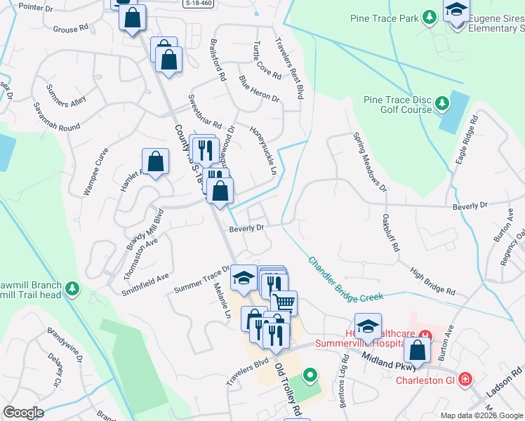 map of restaurants, bars, coffee shops, grocery stores, and more near Bridge Pointe Lane in Summerville